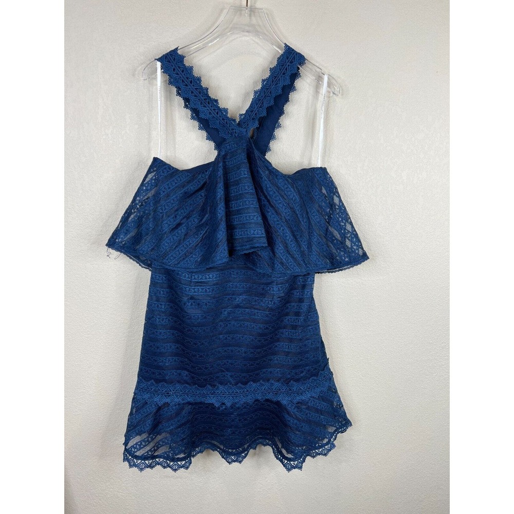Anthropologie Foxiedox Lucy Dress Size Large L Navy Halter Neck Lace Mesh Ruffle